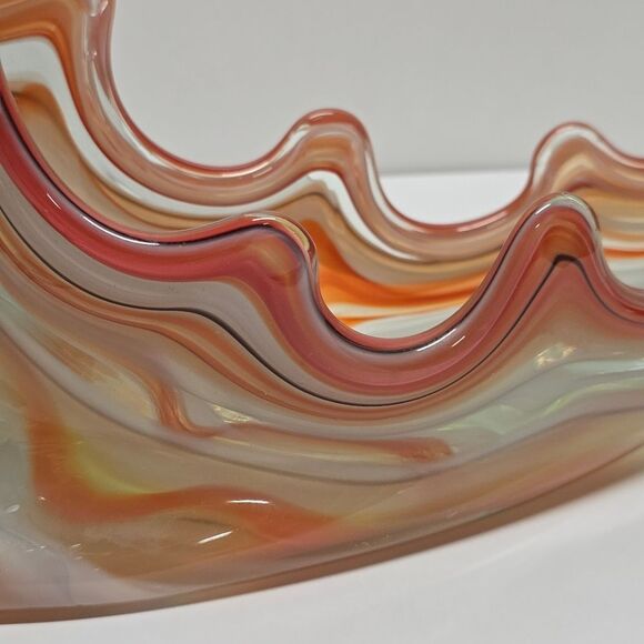 Vintage Sooner Glass Swan Bowl Hand Blown Vase MCM Orange Blue Large - Picture 5 of 9